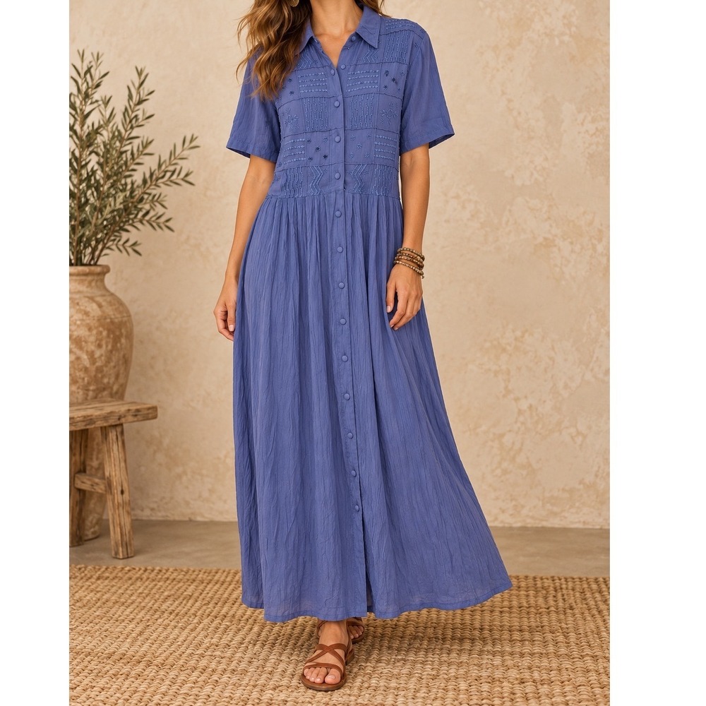 Karin Stevens Vintage Blue Embroidered Maxi Dress Boho Cottagecore Rayon 10M g5